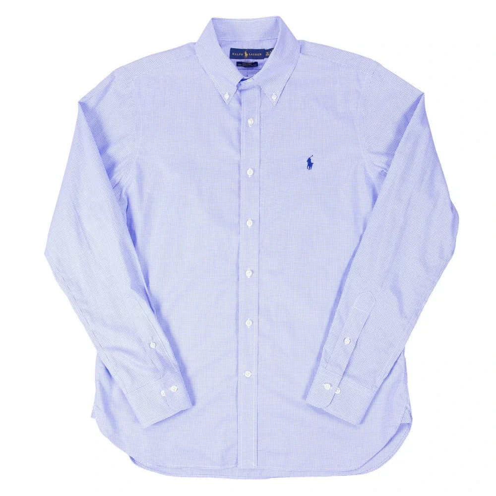 Polo Ralph Lauren Shirt Mens 15.5 34/35 Blue Gingham Cotton Stretch Button Down